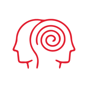 Piktogramm in roter und weißer farbe von zwei Köpfen das Schwindel darstellen soll.