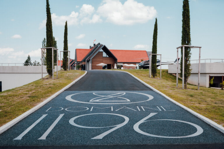 Auffahrt der Domaine 1196 mit Logo am Asphalt